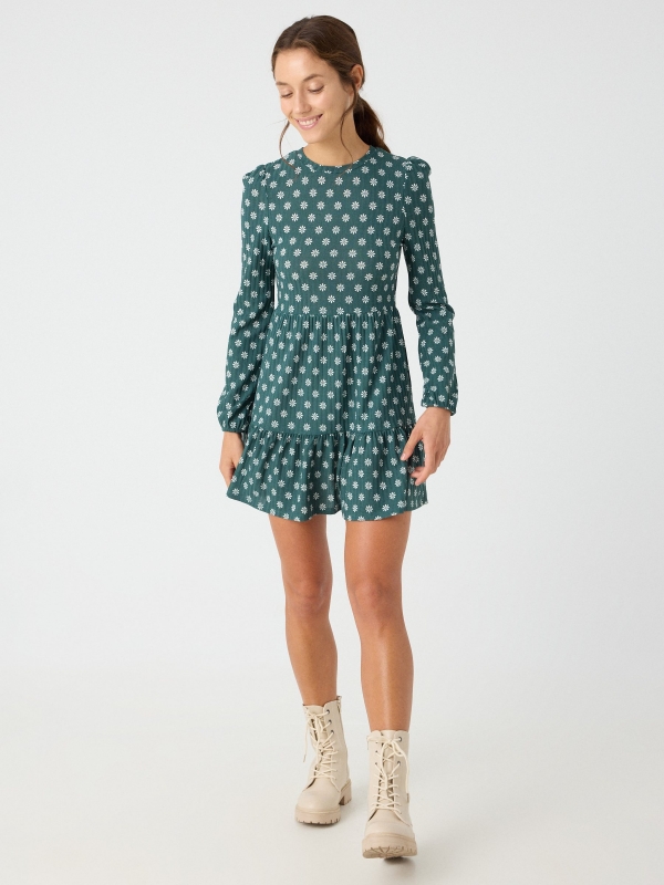 Vestido canalé print margaritas verde oscuro vista general frontal