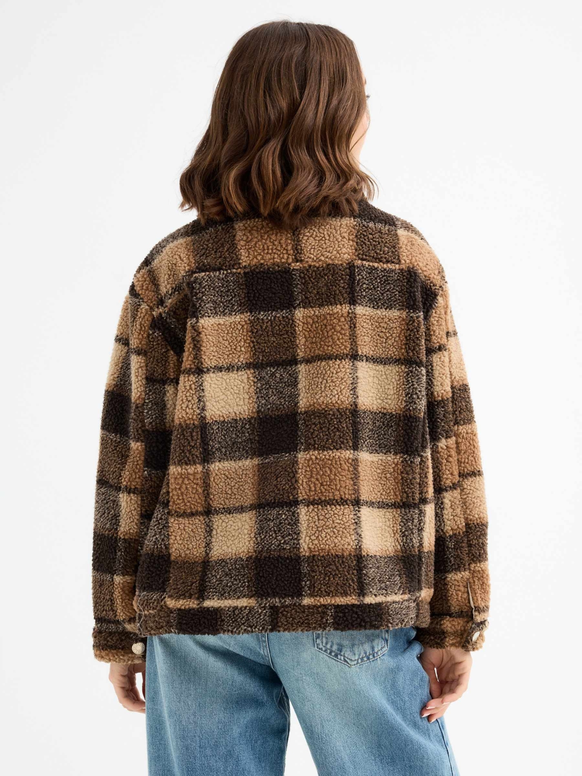 Fleece jacket plaid brown middle back view