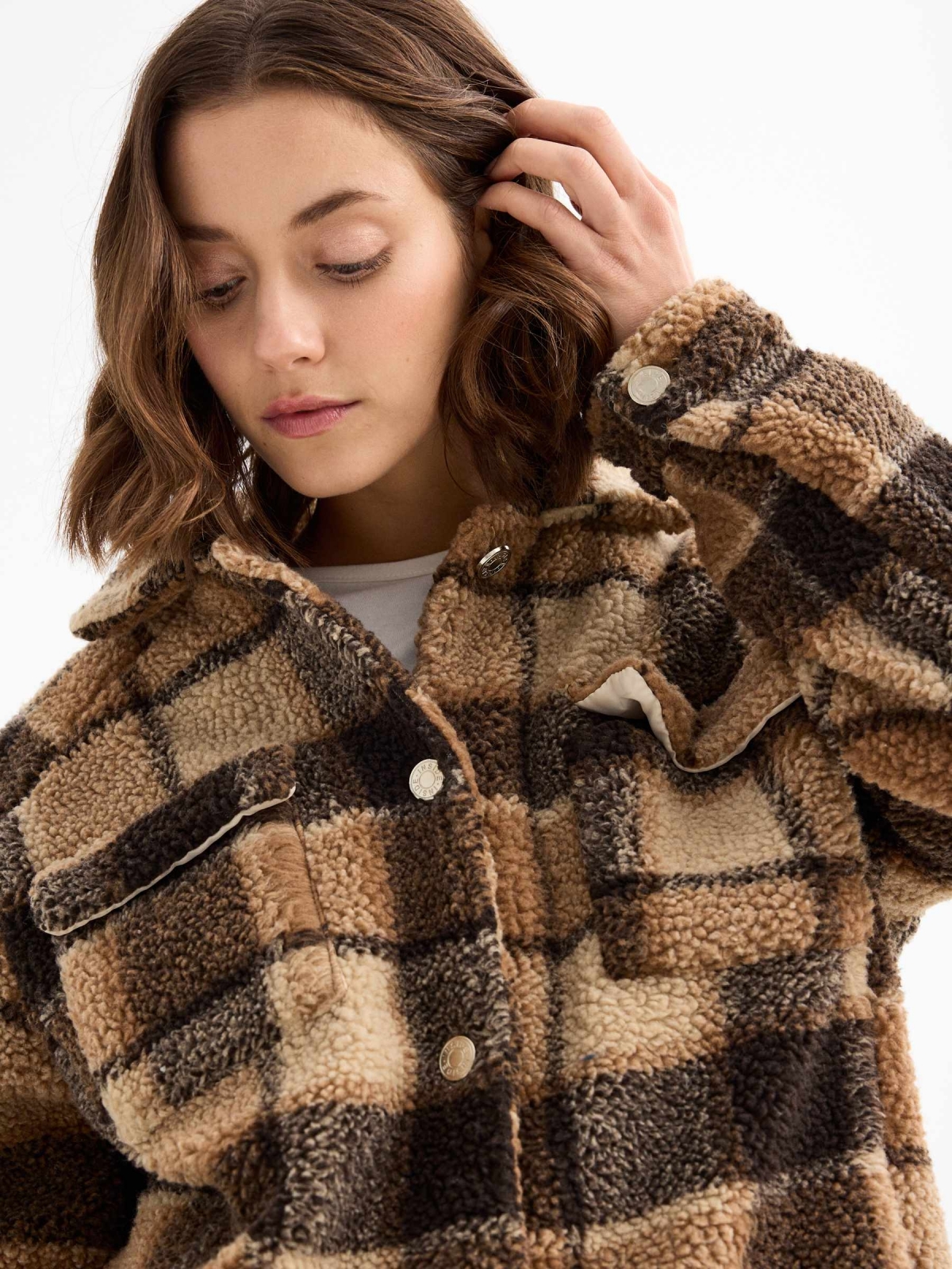 %New% Fleece jacket plaid brown