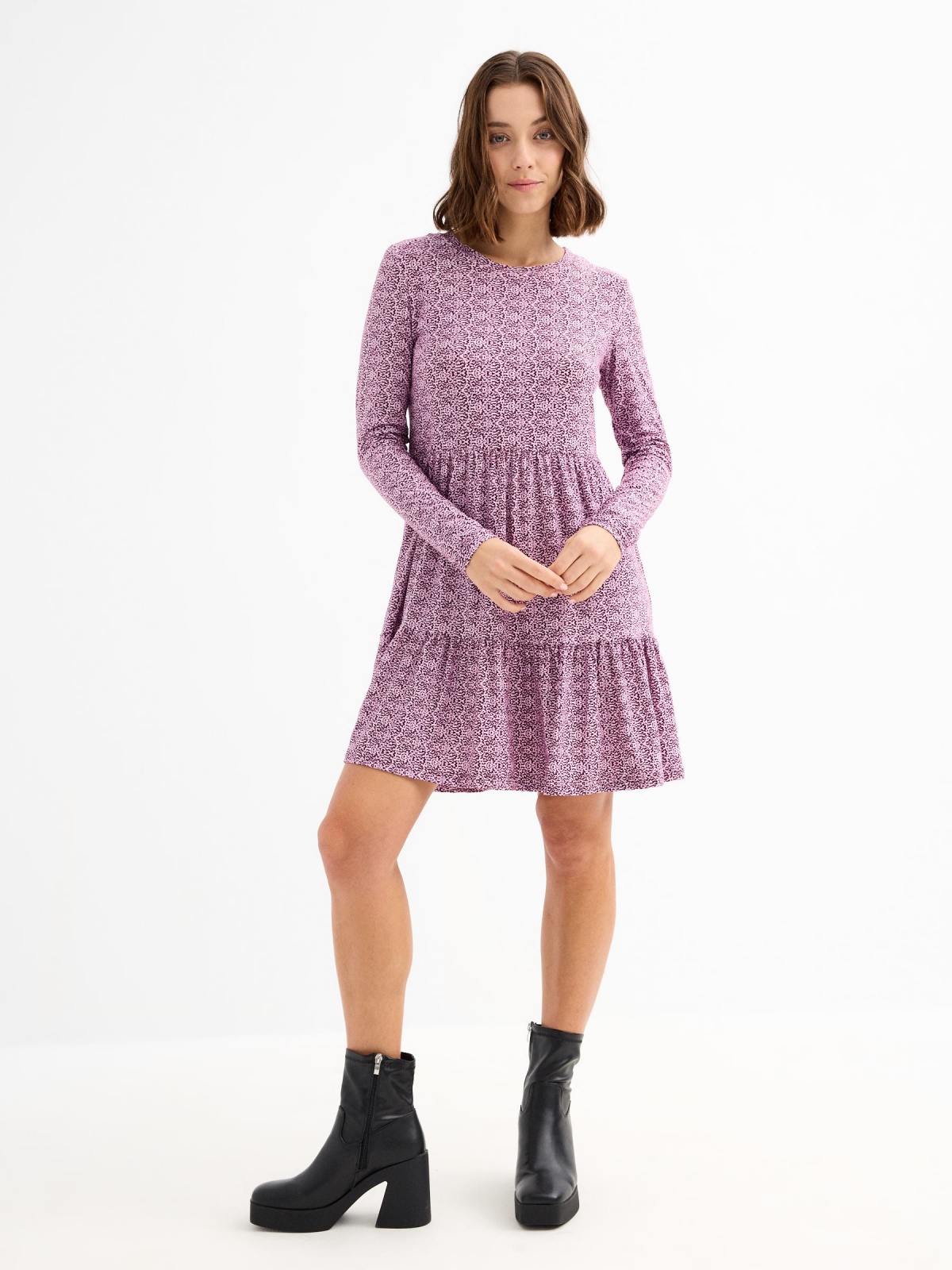 Printed dress with ruffle lilac general front view