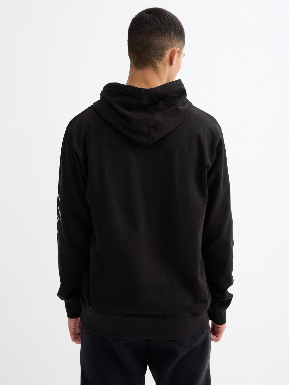 Black printed hoodie black middle back view