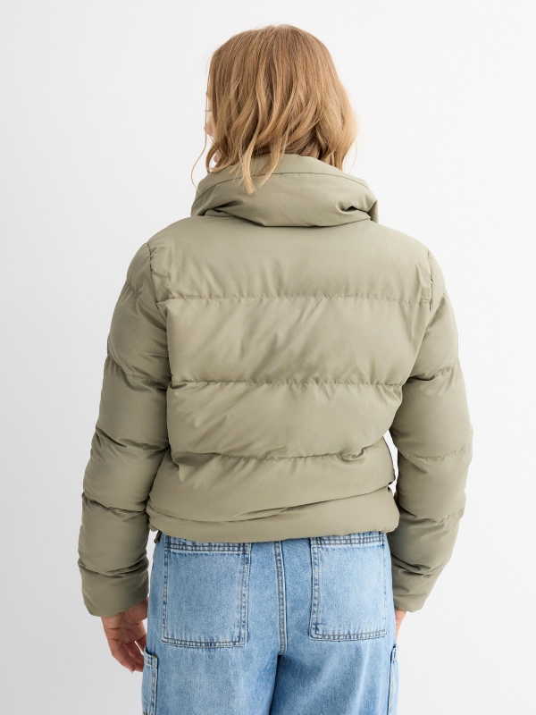 High neck padded jacket khaki middle back view