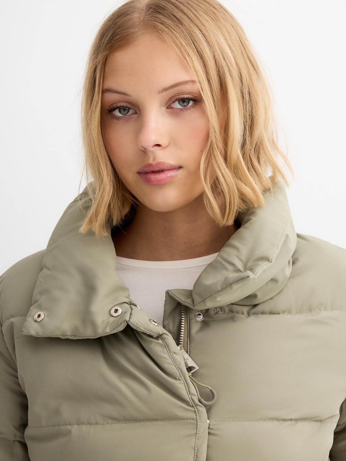 High neck padded jacket khaki detail view