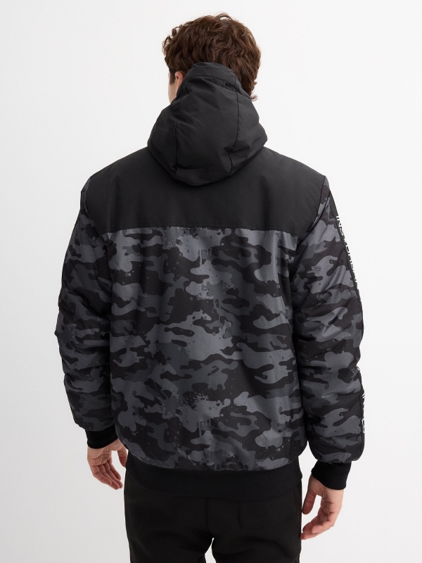 Camouflage print hooded jacket black middle back view