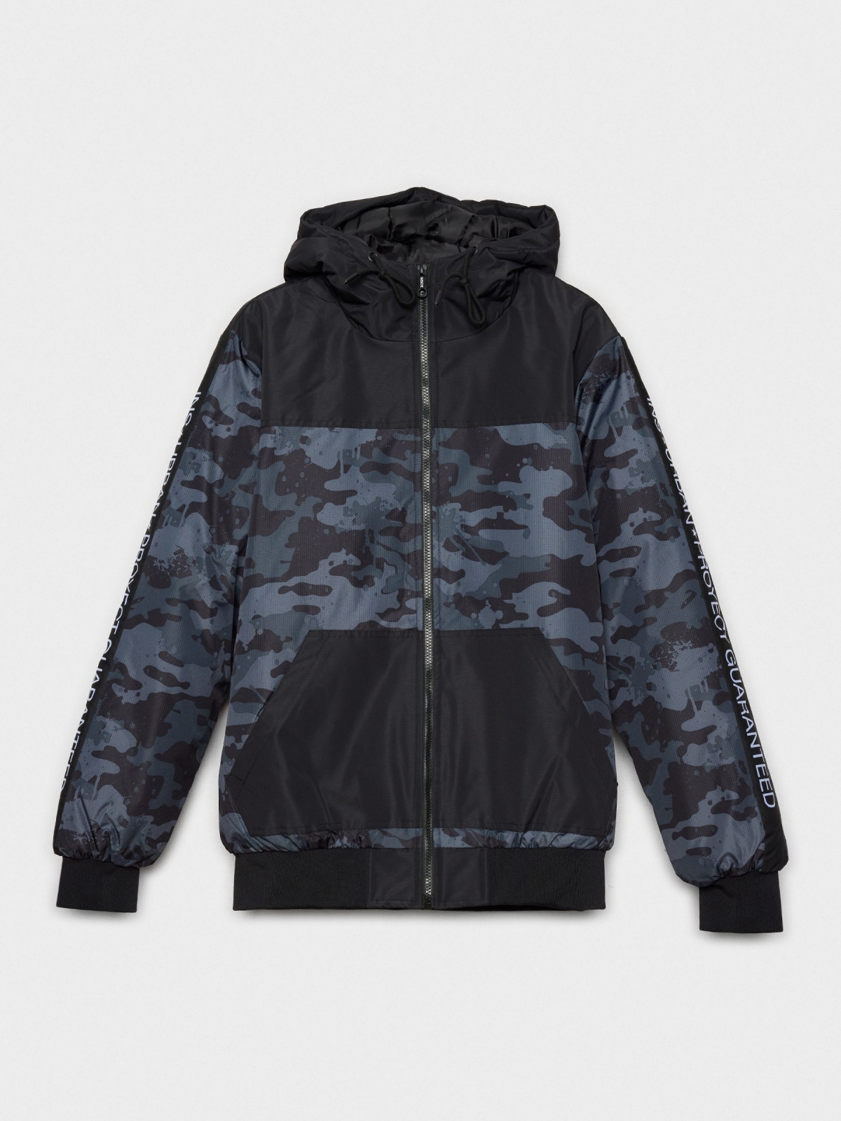  Camouflage print hooded jacket black front view