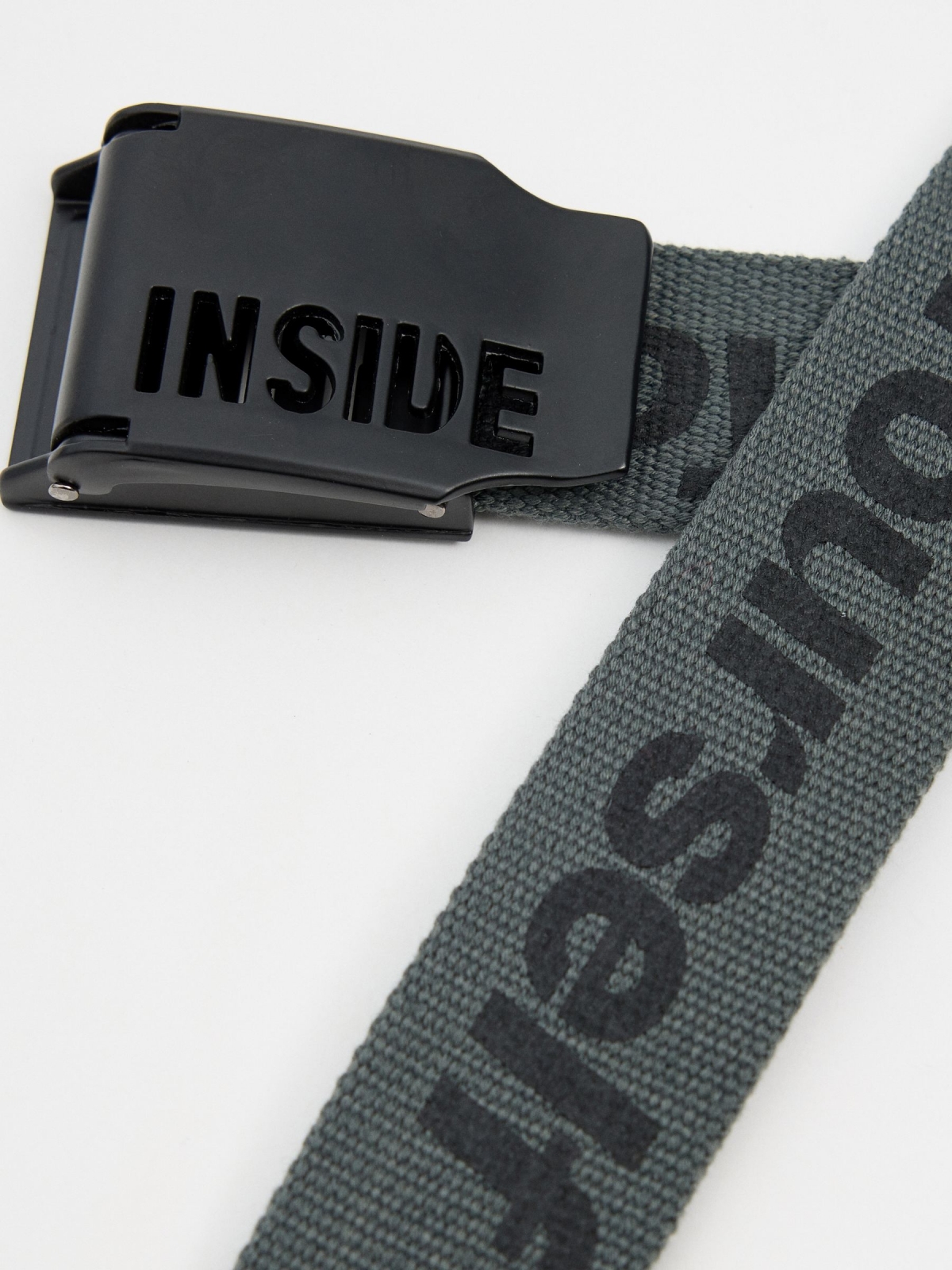 Engraved metal buckle canvas belt dark grey detail view