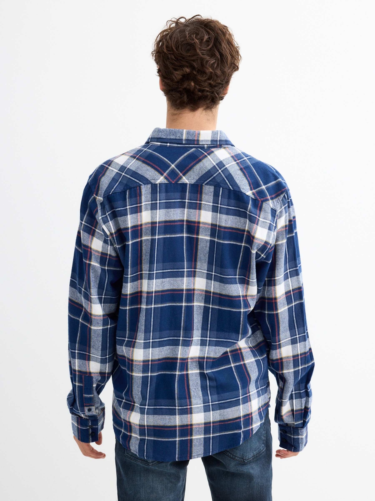 Plaid flannel shirt blue middle back view