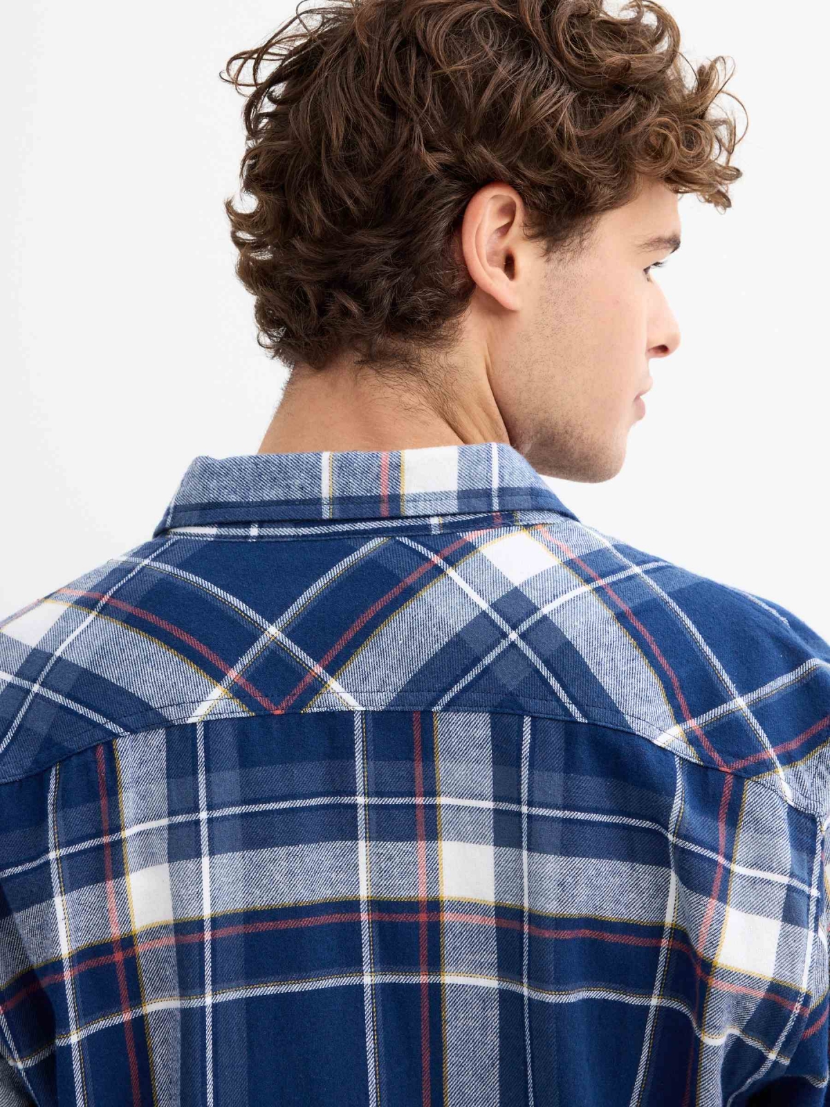 Plaid flannel shirt blue detail view