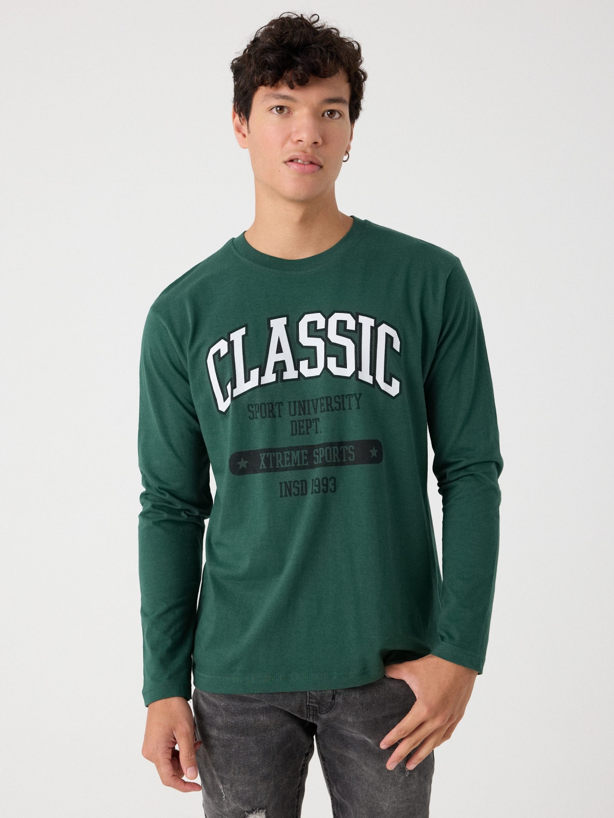 Camiseta estampado University verde oscuro vista media frontal