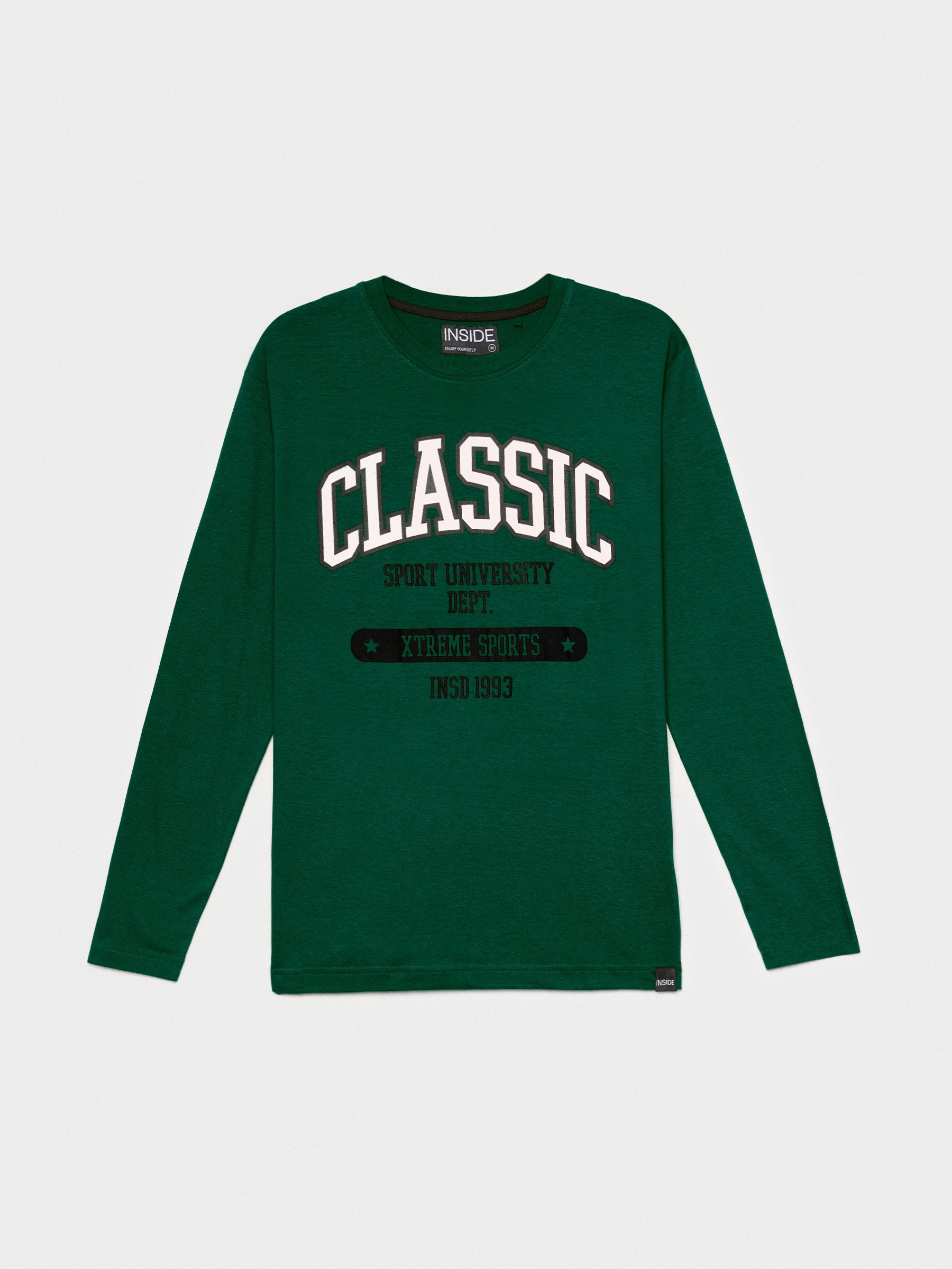T-shirt com estampa universitária verde escuro vista meia frontal