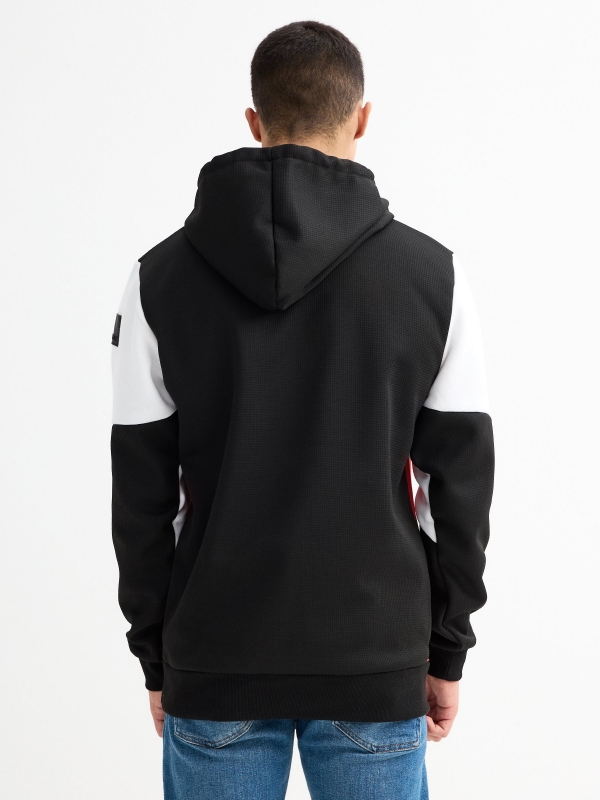 Color block pocket hoodie black middle back view