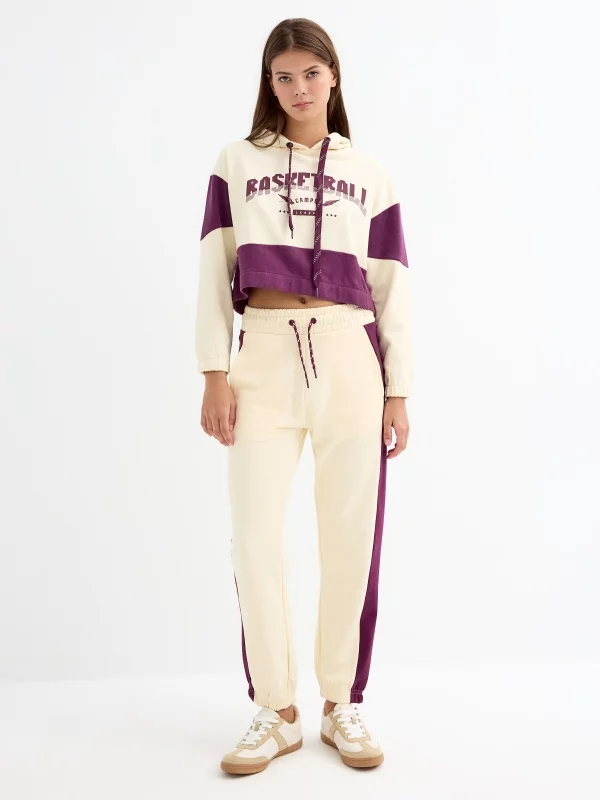 Sweatshirt com capuz estampado bege vista geral frontal