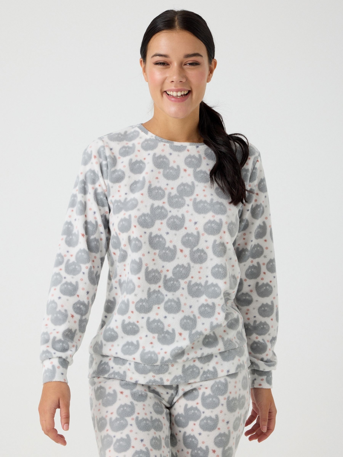 Printed fleece pajamas white front view