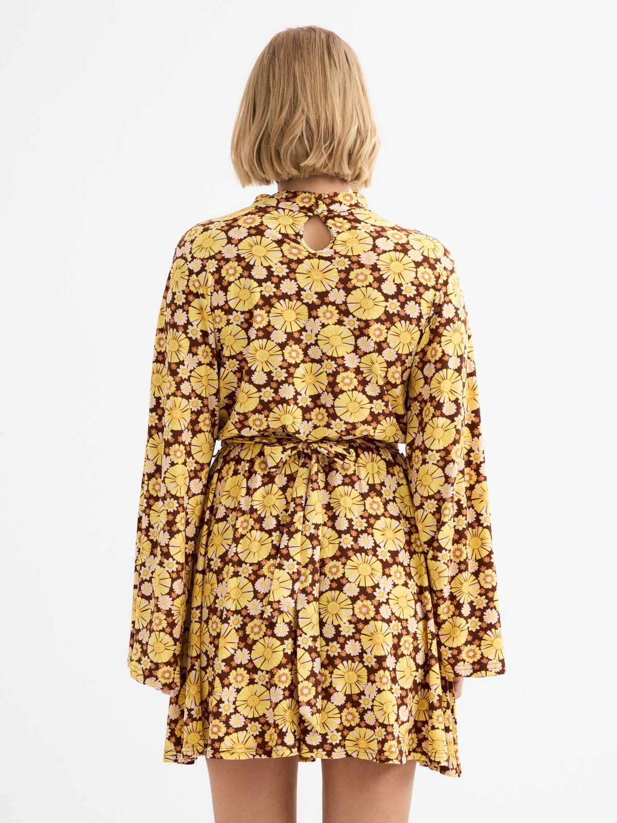 Flare sleeve floral dress brown three-quarter back view