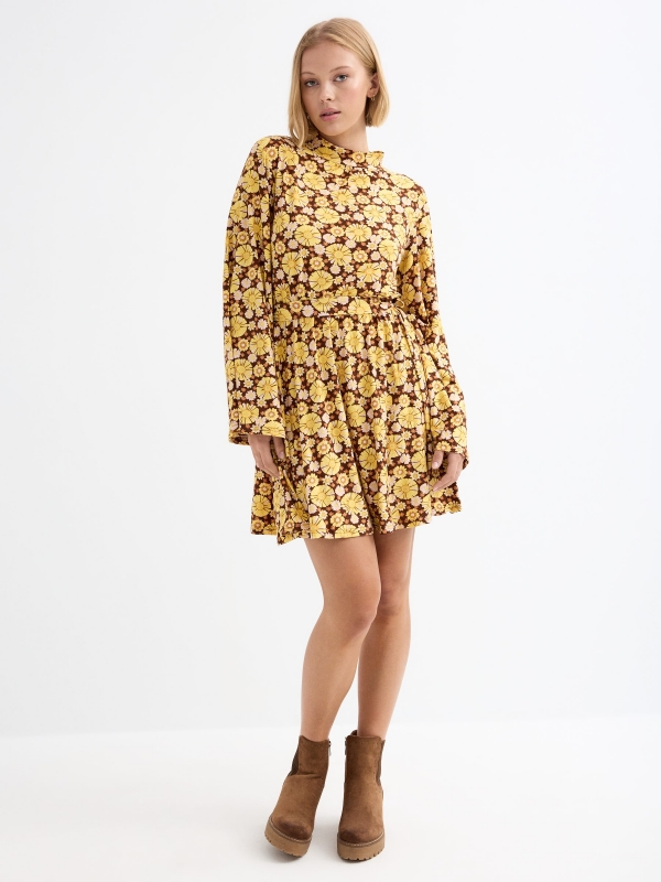 Flare sleeve floral dress brown general front view