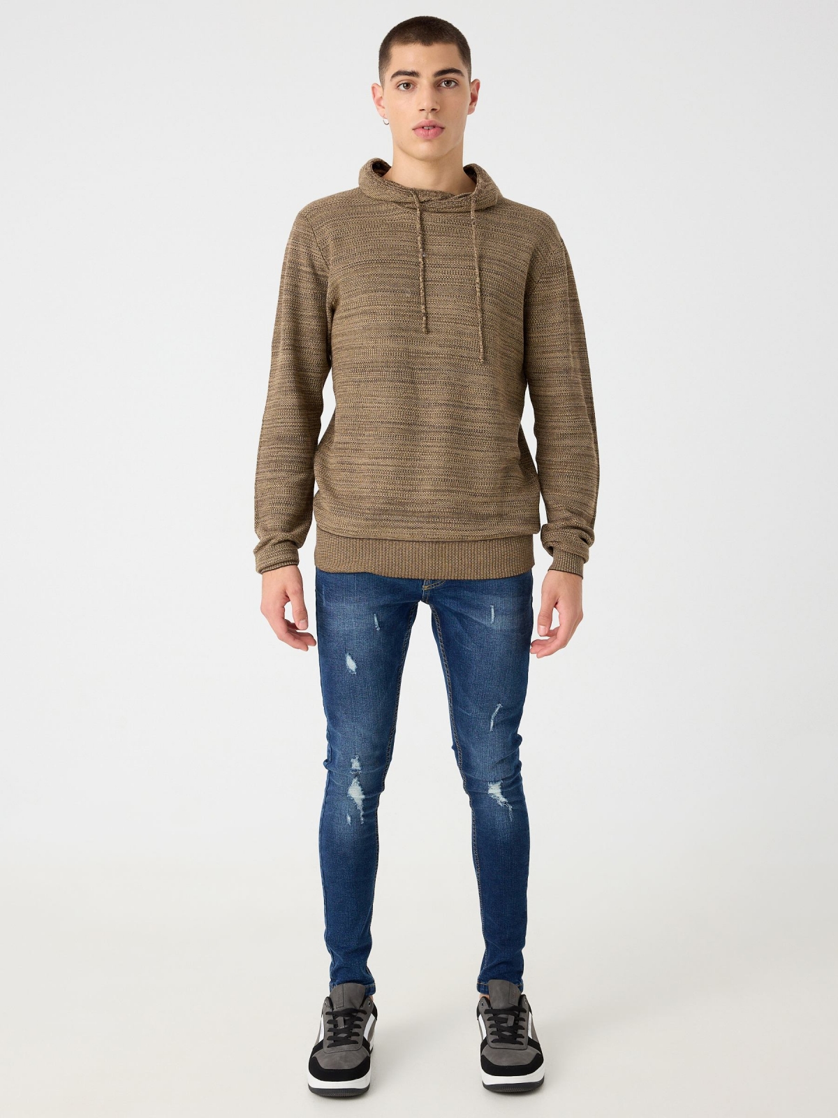 Camisola de malha texturizada marrom claro vista geral frontal Camisola de malha texturizada marrom claro vista geral frontal