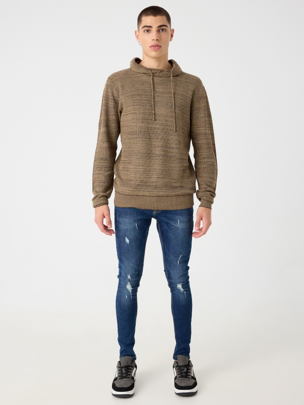 Camisola de malha texturizada marrom claro vista geral frontal Camisola de malha texturizada marrom claro vista geral frontal