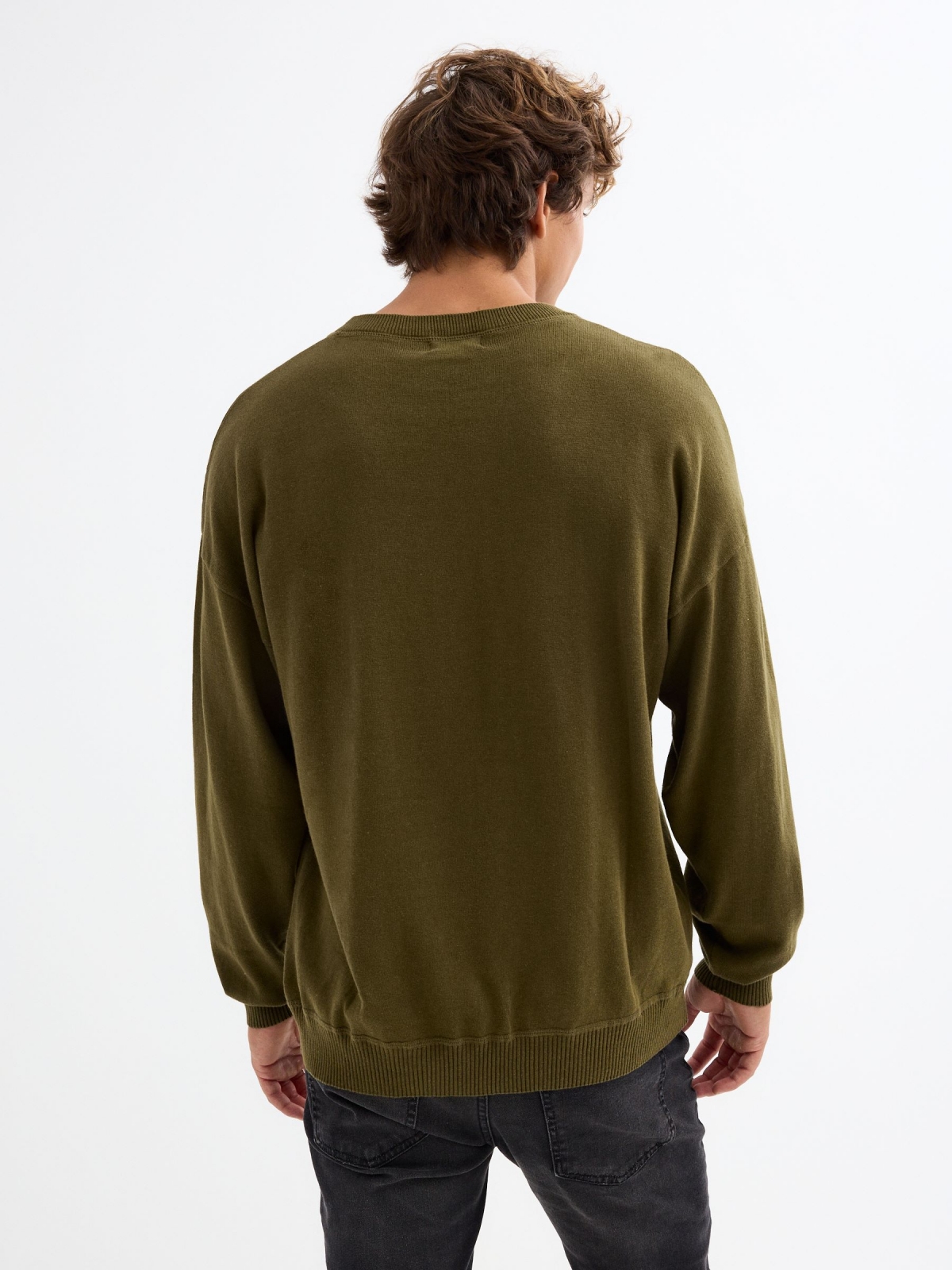 Text knit sweater dark green middle back view