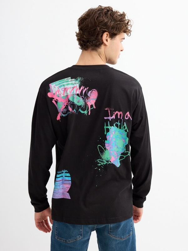 Graffiti print t-shirt black middle back view
