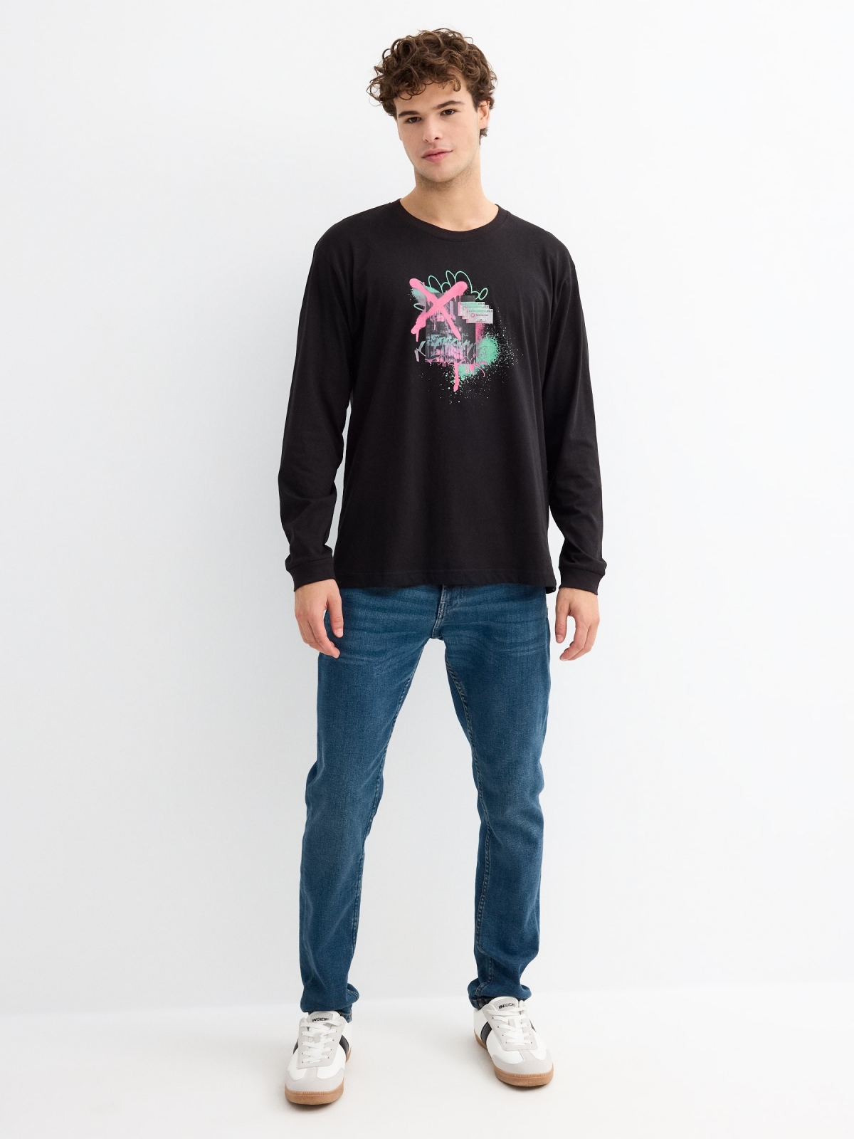 Graffiti print t-shirt black general front view