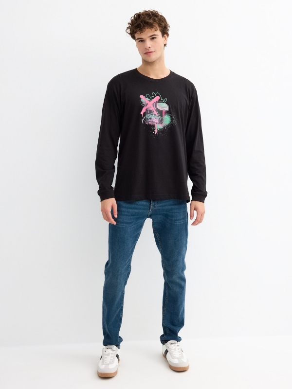 Graffiti print t-shirt black general front view
