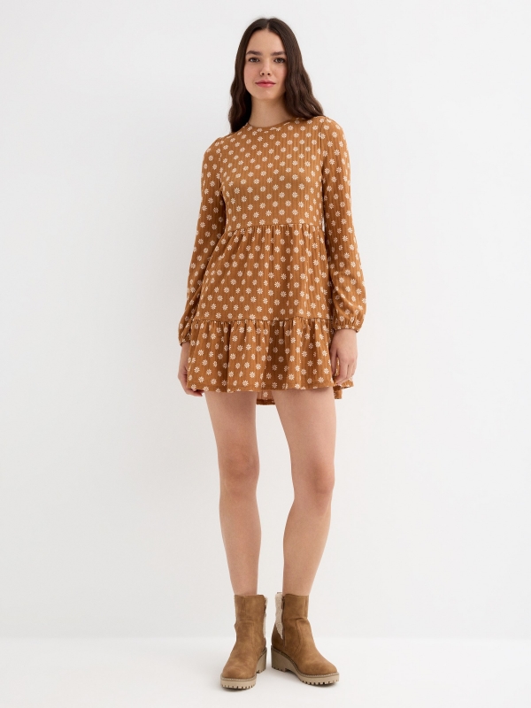 Ribbed daisy print dress cinnamon general front view