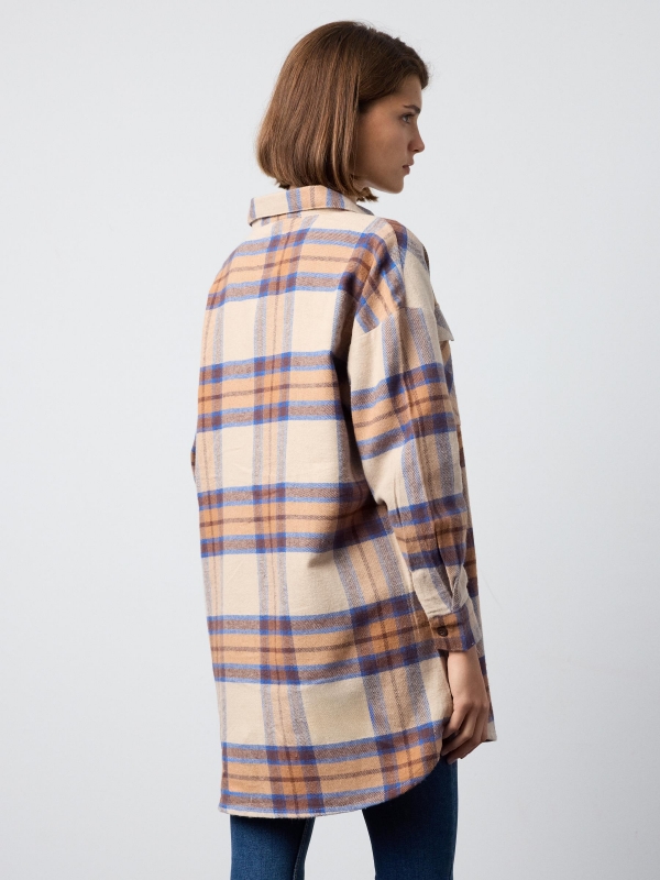 Camel and blue plaid overshirt beige middle back view