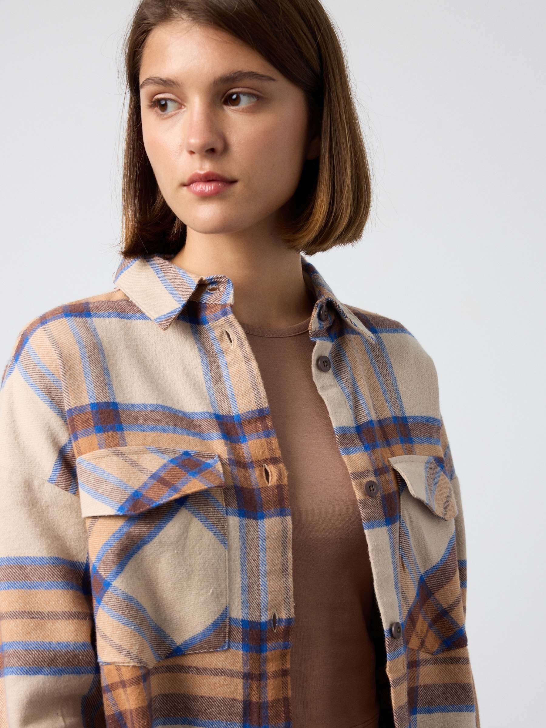 Camel and blue plaid overshirt beige middle front view