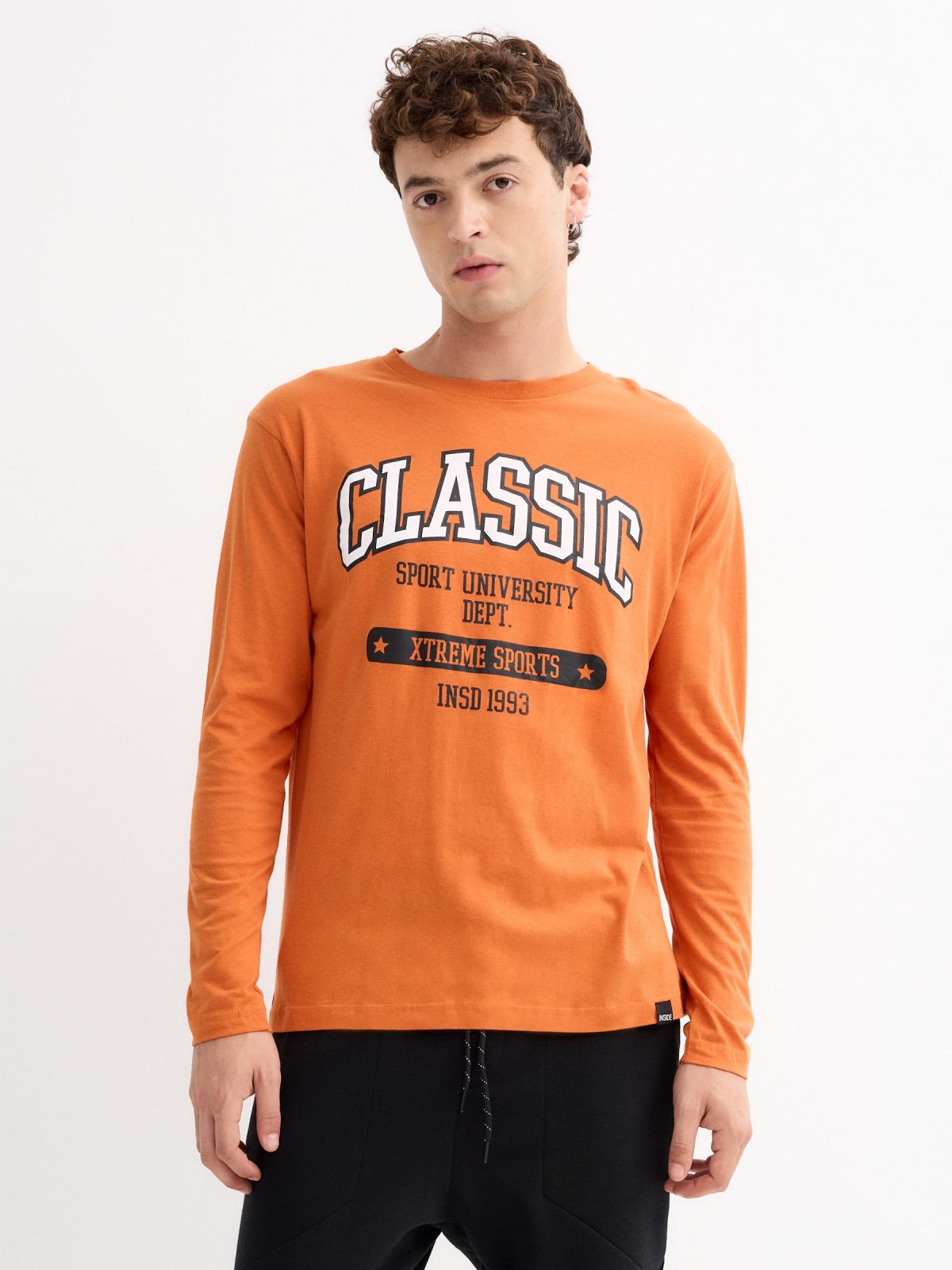 University print t-shirt orange middle front view