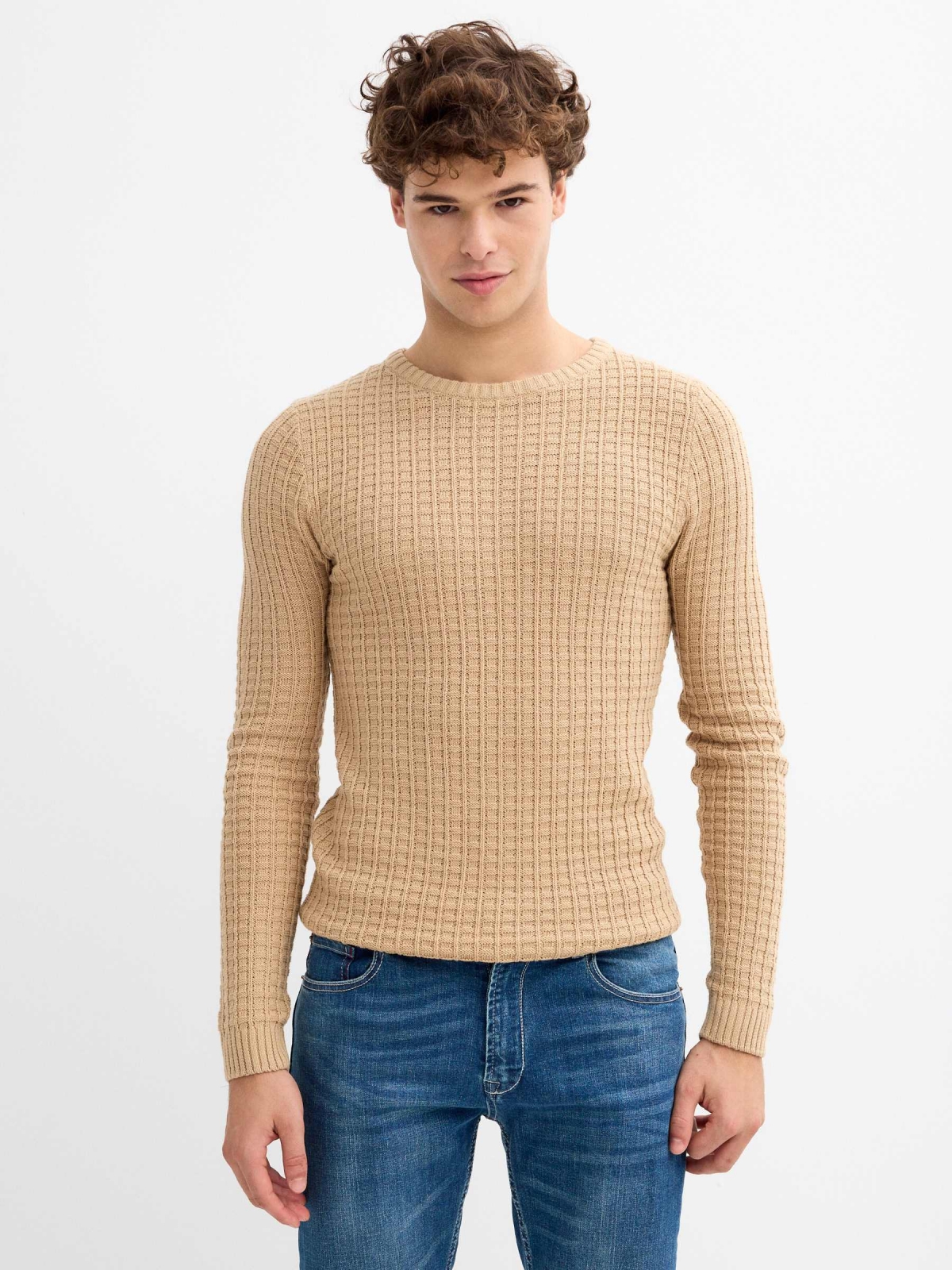 Textured knitted sweater sand middle front view