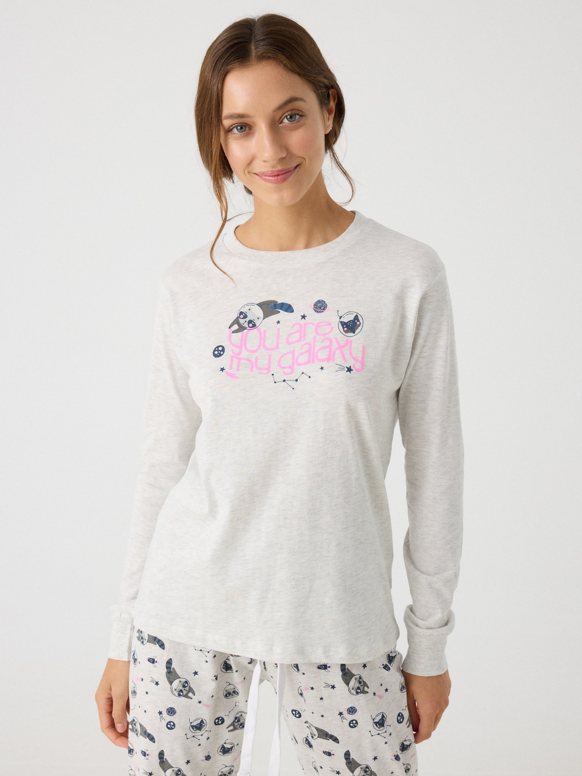 Raccoons print pajamas melange grey front view