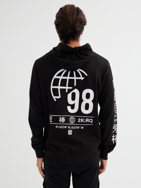 Printed black hoodie black middle back view