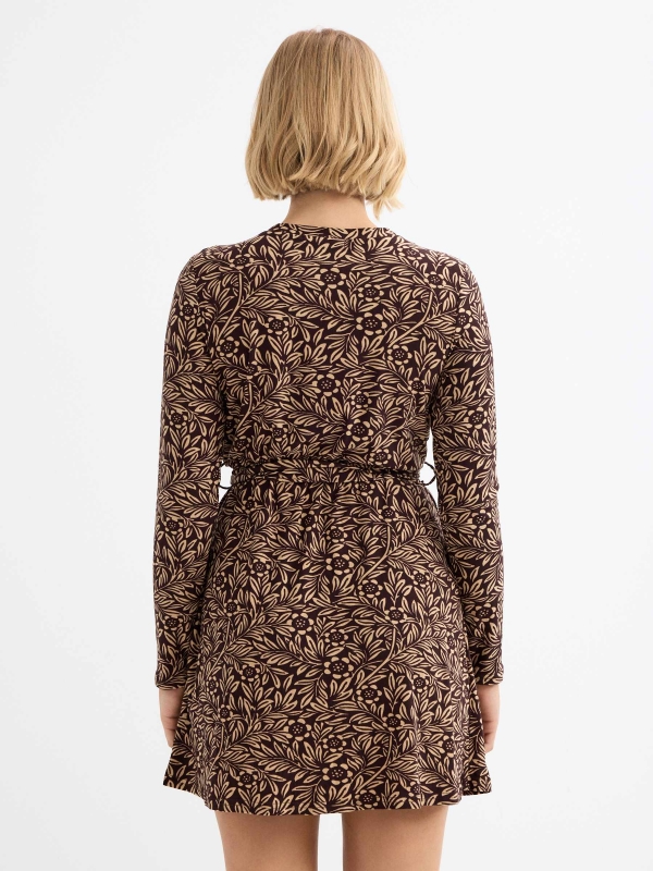 Floral print dress with bow earth brown three-quarter back view