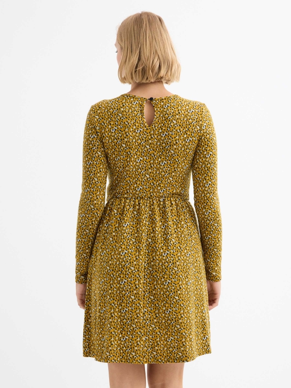 Flared animal print dress mustard three-quarter back view