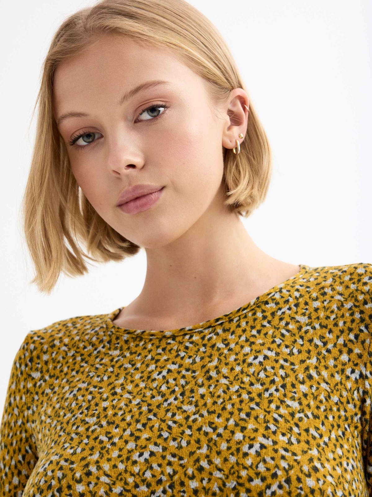 Flared animal print dress mustard front detail view