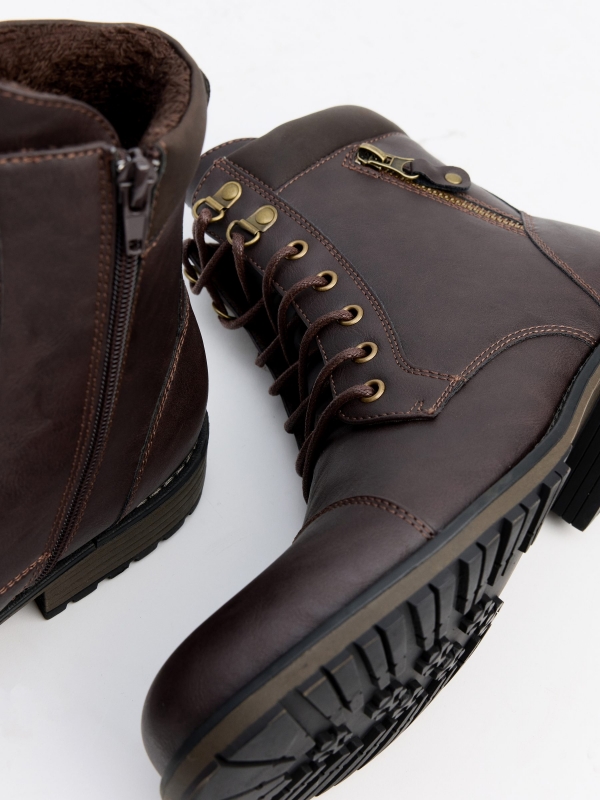 Brown military boot with zipper detail earth brown detail view