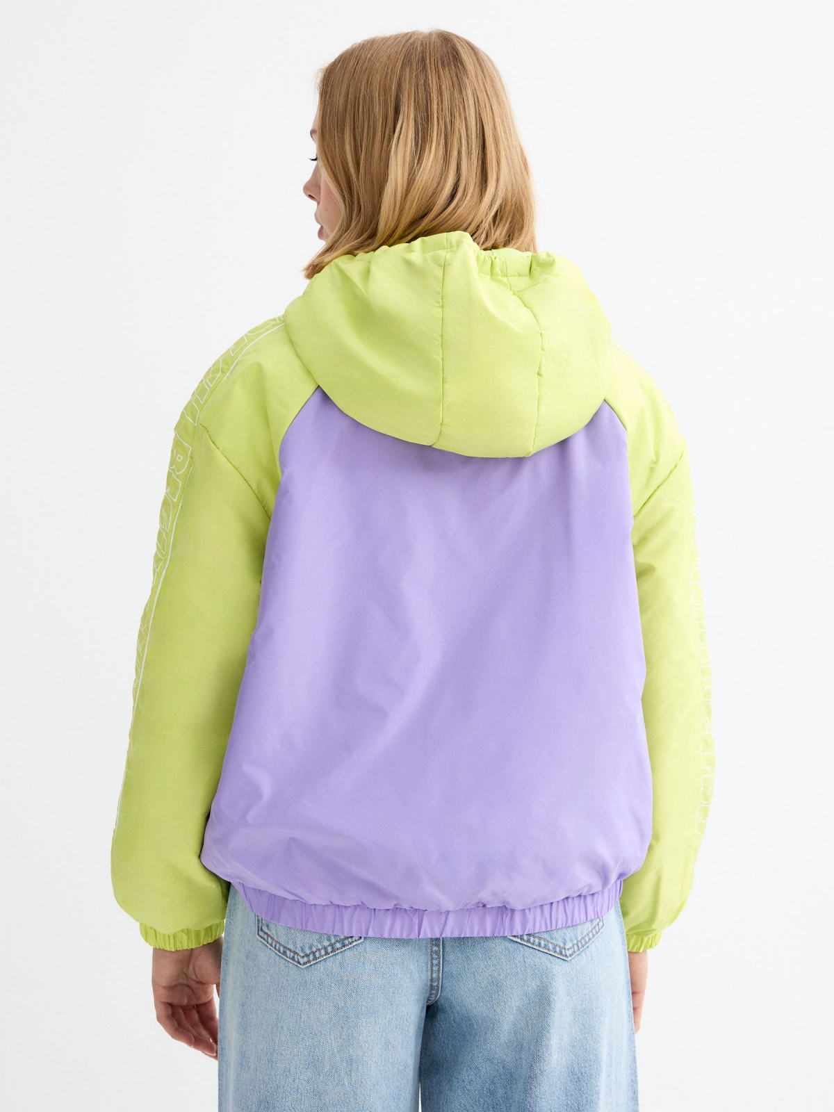 Hooded text padded jacket lilac middle back view