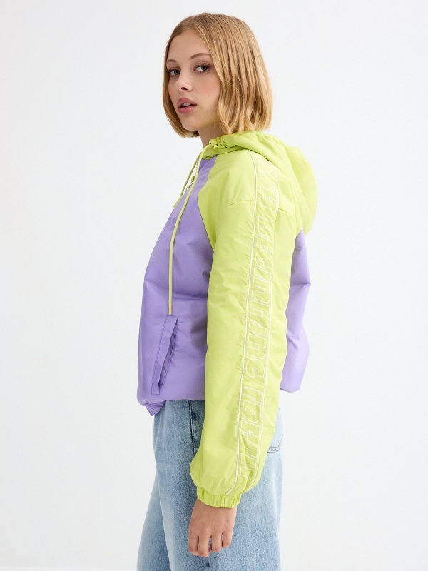 Hooded text padded jacket lilac detail view