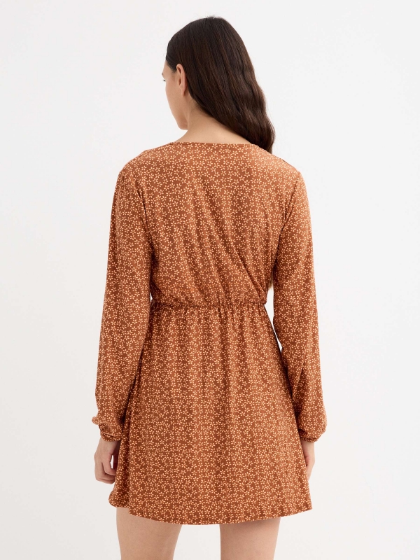 Floral print wrap dress cinnamon three-quarter back view