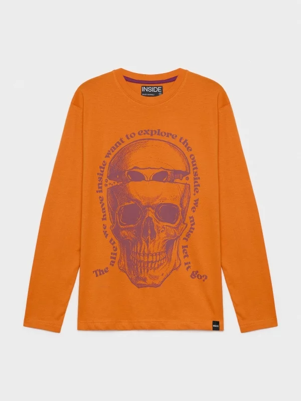  Camiseta estampado calavera alien teja vista frontal