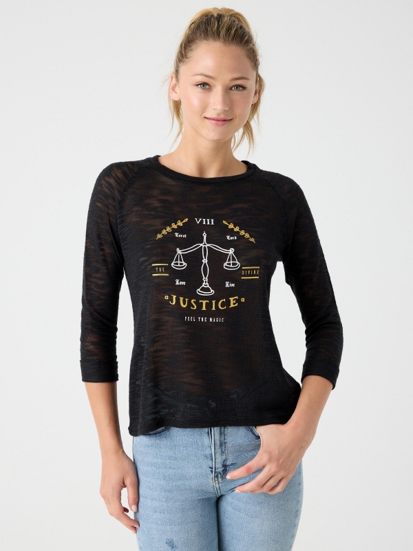 Camiseta devoré estampado Justice negro vista media frontal Camiseta devoré estampado Justice negro vista media frontal