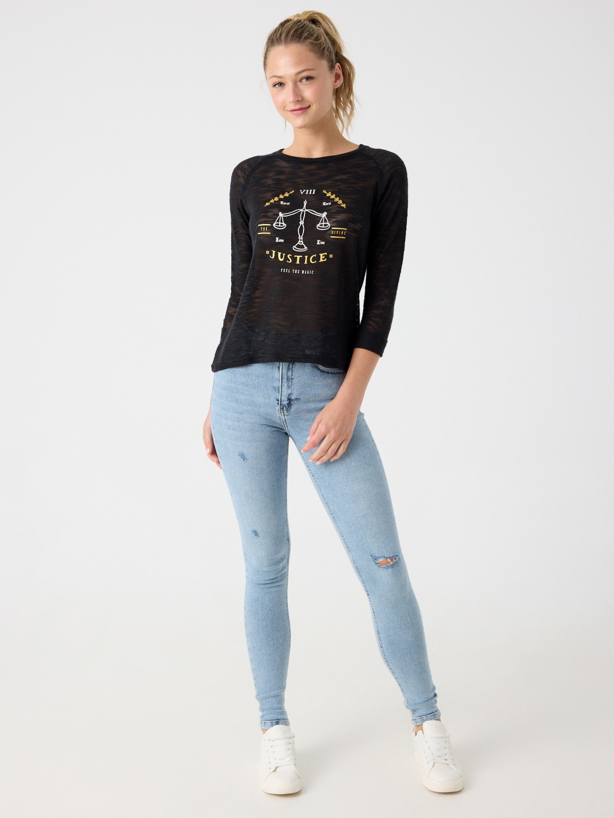 Fabric devoré Justice print t-shirt black front view