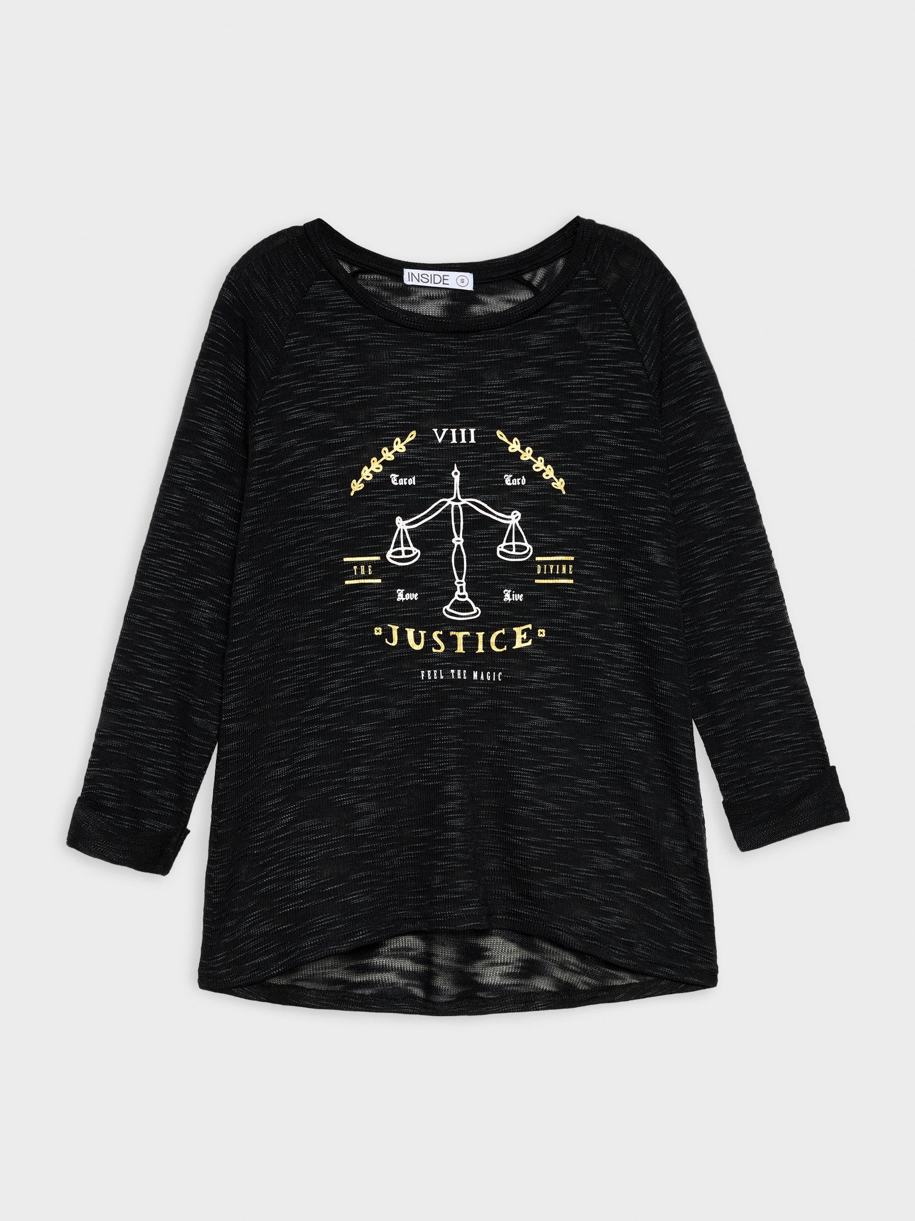 T-shirt tecido devoré com estampa Justice preto vista meia frontal