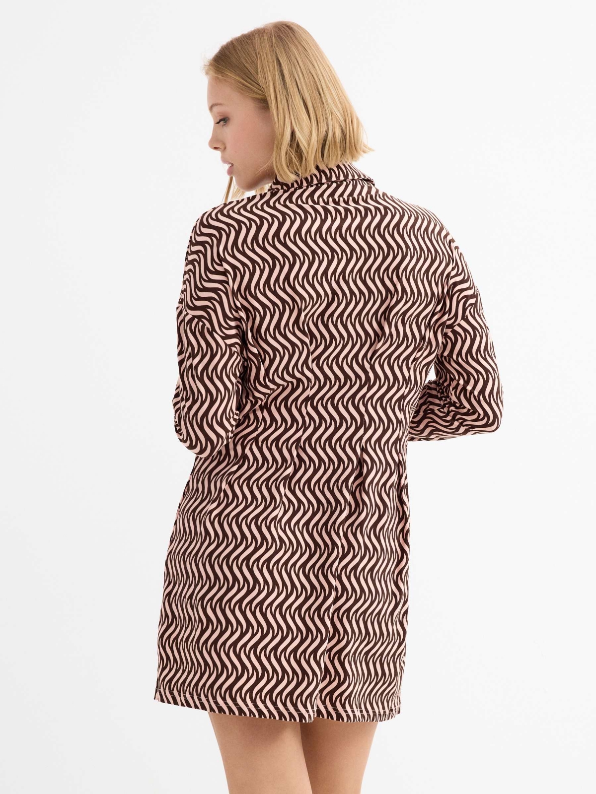 Optical print shirt dress earth brown three-quarter back view