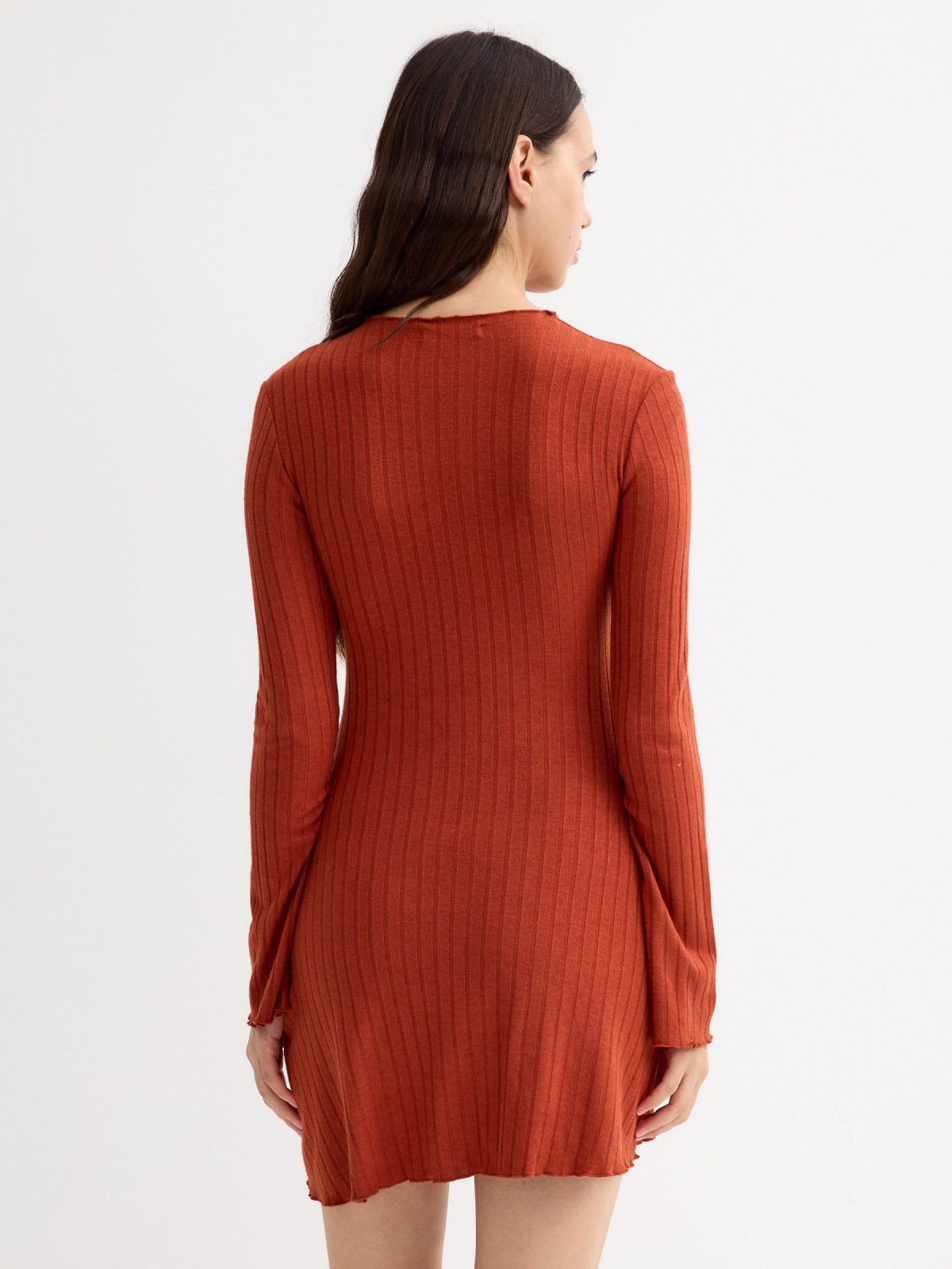 Ribbed curly flared sleeve dress copper three-quarter back view