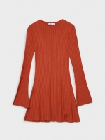 %Pto% Ribbed curly flared sleeve dress copper front view
