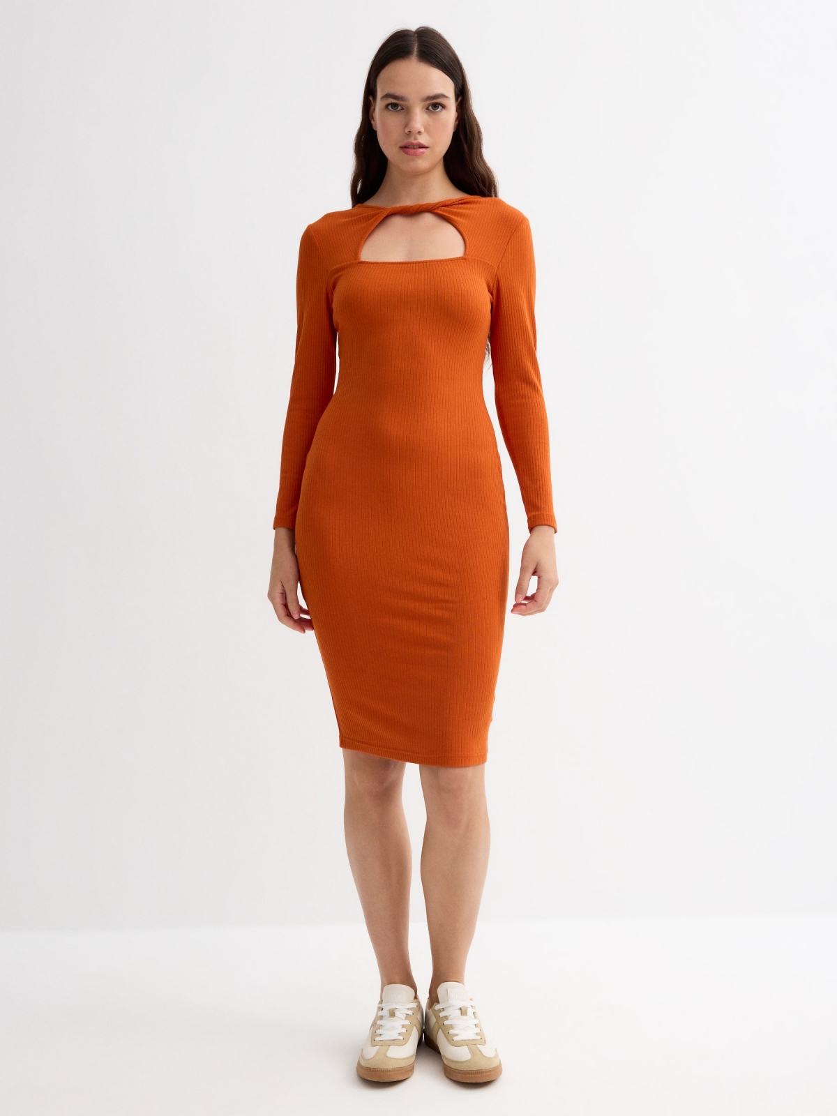 Midi dress with knot neckline orange general front view