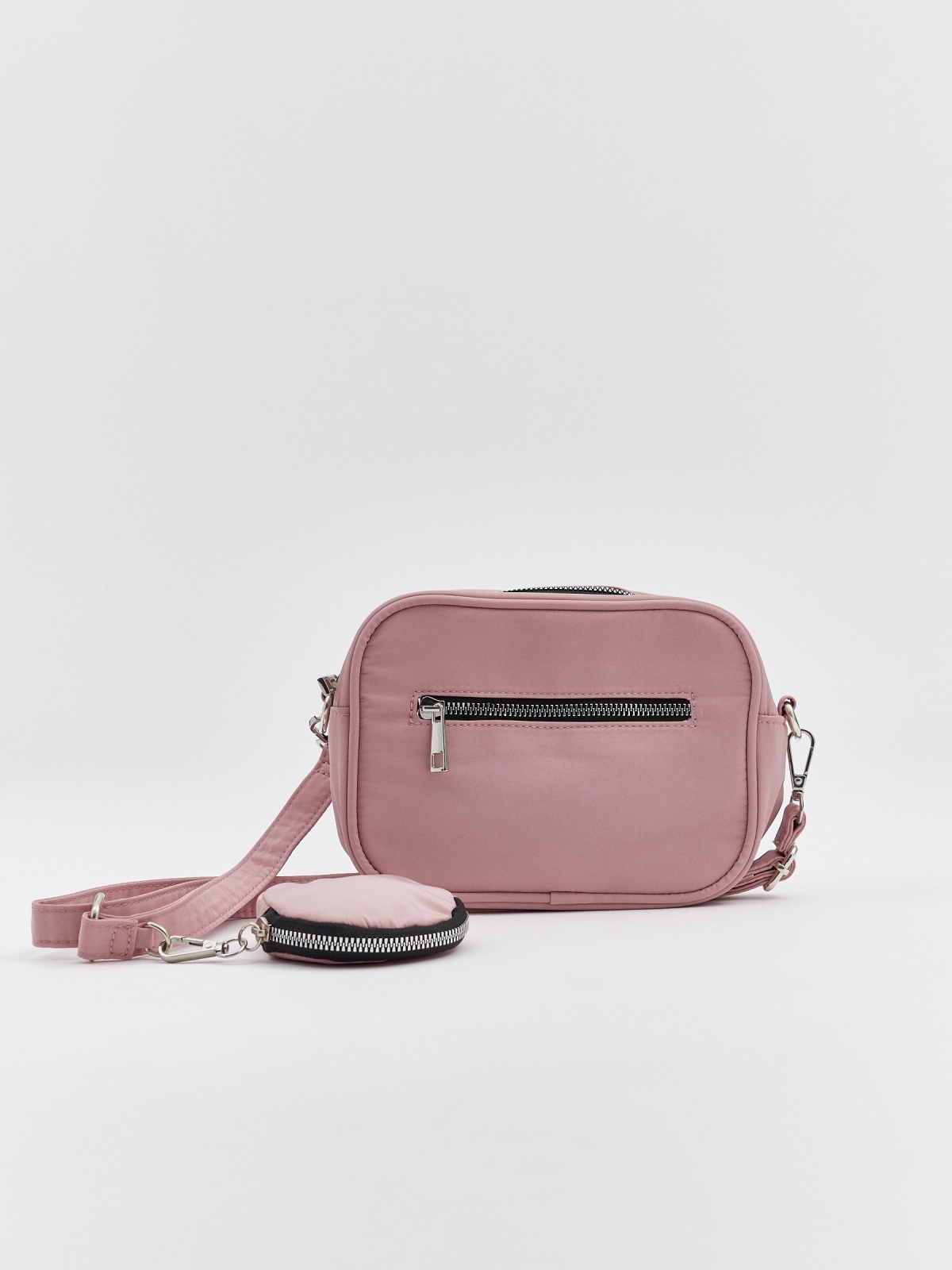 Bolso nylon con monedero rosa vista lateral 45º