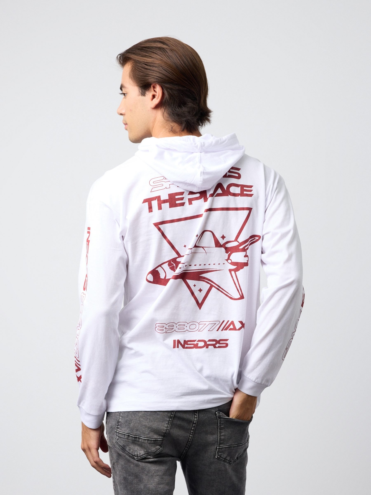 Space print hooded t-shirt white middle back view