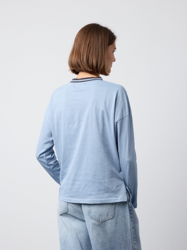 Printed ribbed neck t-shirt light blue middle back view